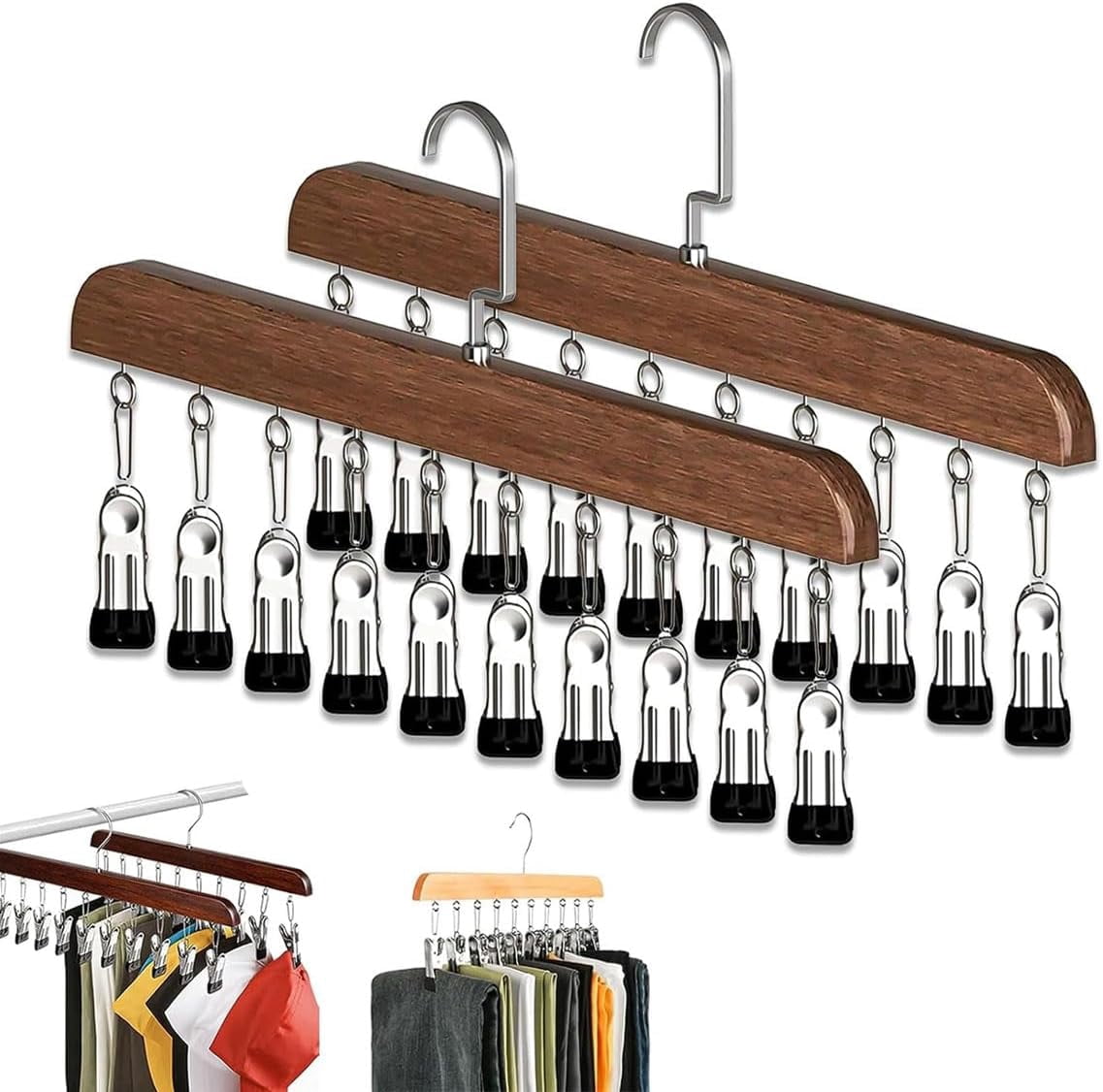 Closet Organizer with 10 Clips - 360° Rotating Wooden Pants Hanger, Space-Saving Rack for Leggings, Jeans and Hats