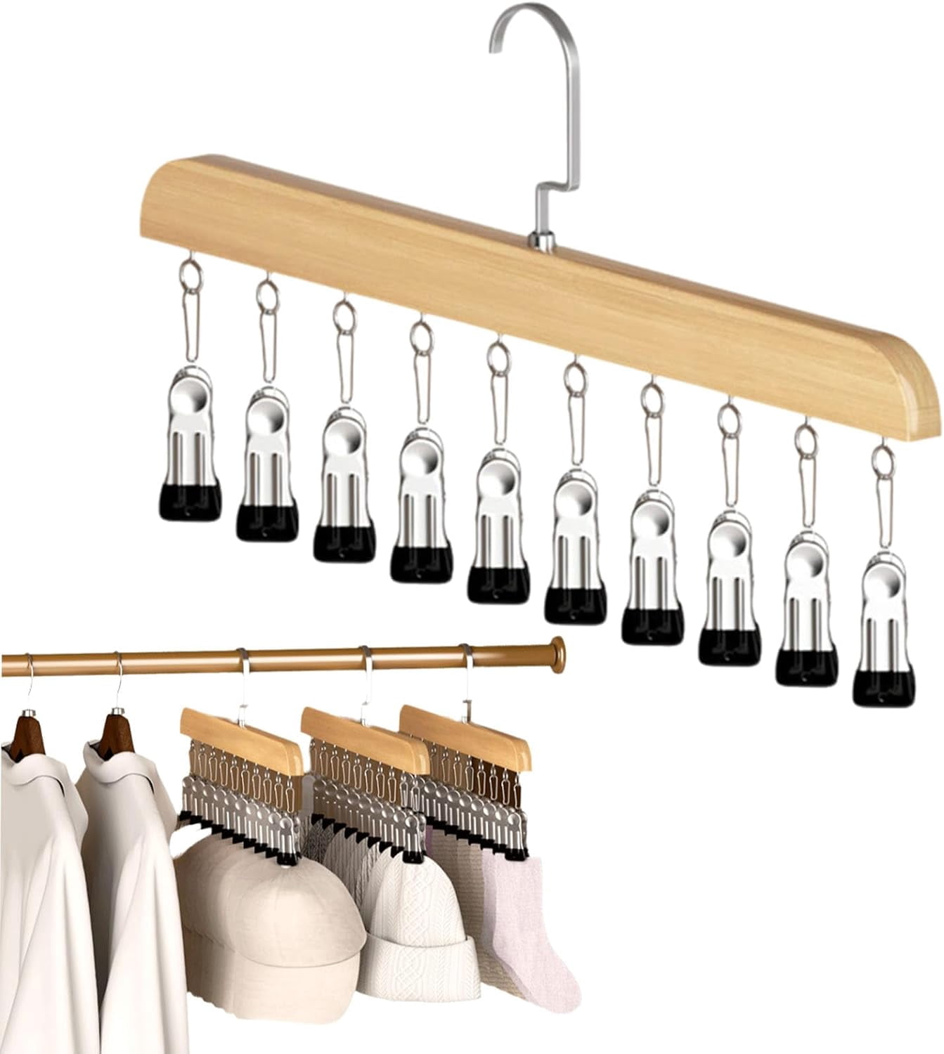 Closet Organizer with 10 Clips, Wooden Pants Hangers with 360° Rotating Hook, Space-Saving Hat Scarf Clothespins for Jeans Skirts Socks