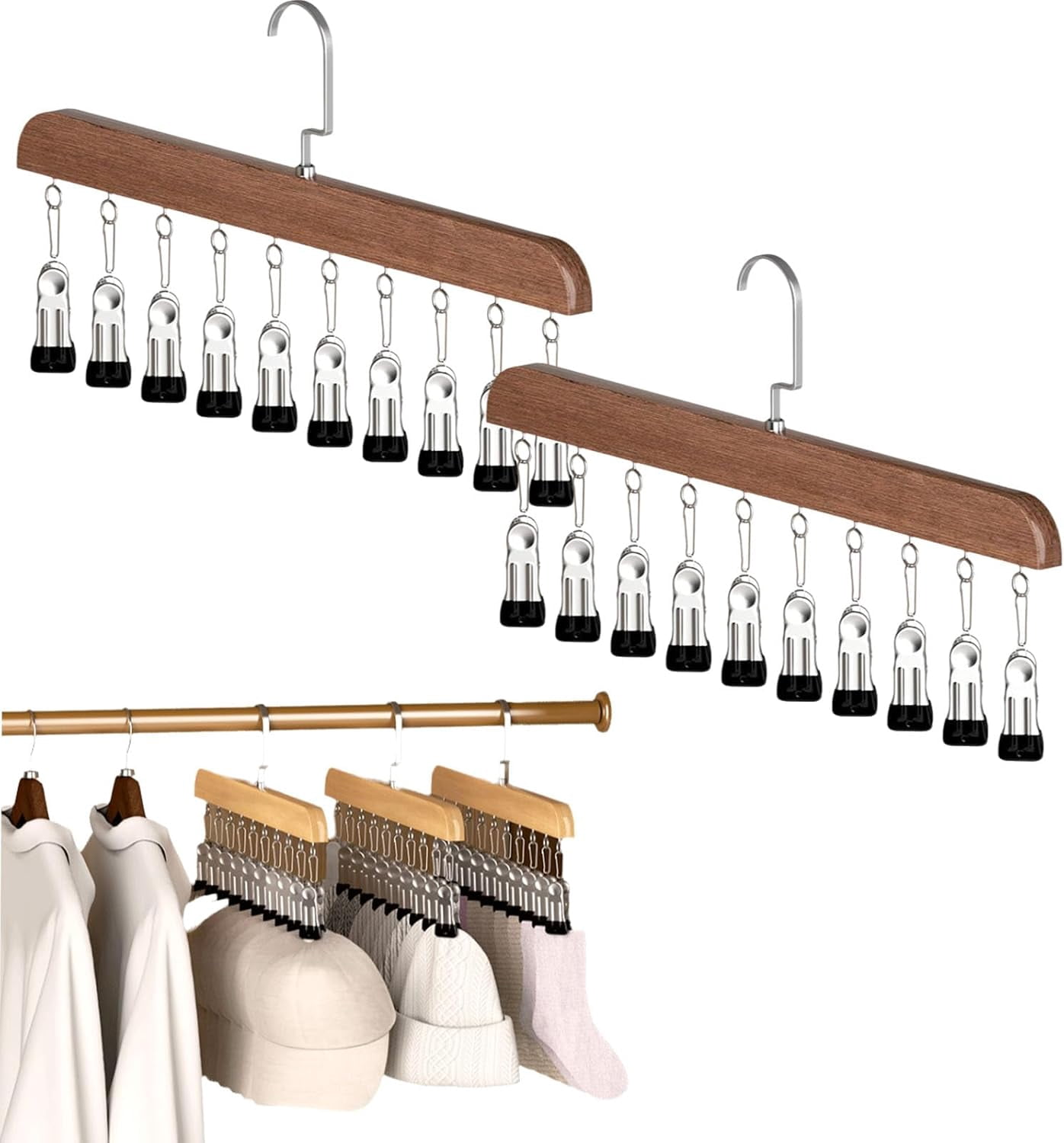 Closet Organizer with 10 Clips, Wooden Pants Hangers with 360° Rotating Hook, Space-Saving Hat Scarf Clothespins for Jeans Skirts Socks