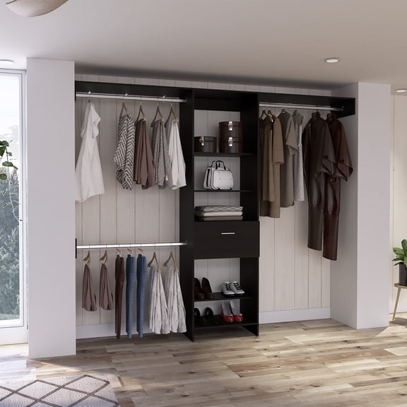 Closet Organizer with 4 Shelves and Drawer, Wenge Finish Storage System for Bedroom, 82.9H x 98.4W x 16.3D