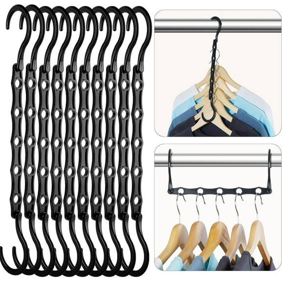 Closet Organizers and Storage 6 Pack, College Dorm Room Essentials, Multifunctional Organizer Magic Space Saving Hangers with 5 Holes, Storage Organization for Wardrobe Closet - Black