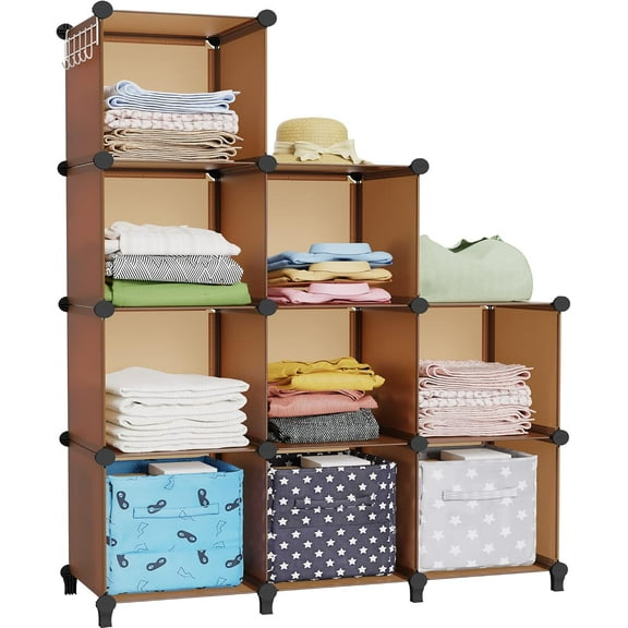 Closet Organizers and Storage, 9 Cube Storage Organizer Cubes, Portable Closet Organizer Shelves for Clothes, Bedroom, Wardrobe, Kids Room, Bathroom, Brown