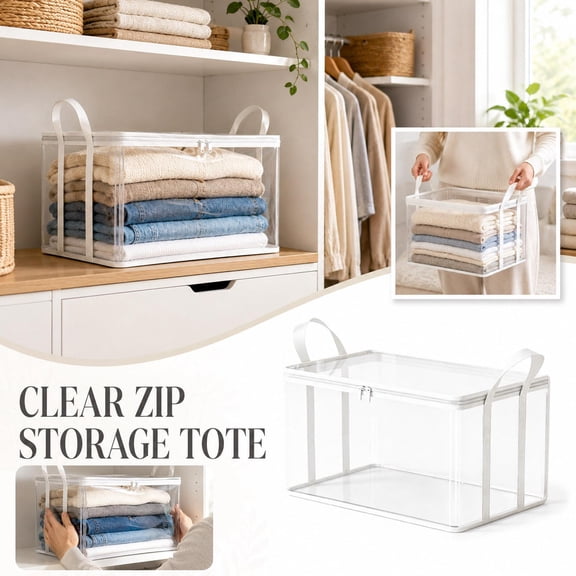 Closet Organizers and Storage, Clear Plastic Storage Bins, 6 Pack Medium Clear Storage Boxes with Zipper Lids and Carry Handles, 13X10X10 Inch White Rimmed Organizers for