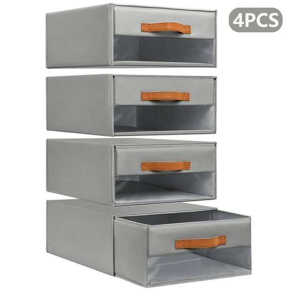 Closet Organizers and Storage, 4Pcs Fabric Bins with Drawers for Closet Foldable Clothes Organizers with Clear Window, Stackable Storage Drawers Units for Bedroom, Living Room