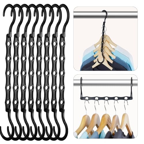 Closet Organizers and Storage,Magic Hangers Space Saving Clothes Hangers,Smart Space Saver Sturdy Plastic Hangers with 5 Holes for Heavy Clothes,College Dorm Room Essentials 8 Pack Black