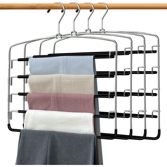 Closet Organizers and Storage,Pants Hangers Space Saving,Non Slip 5 Tier Jean Hangers,Dorm Room Essentials for College Students Girls Boys,Organization and Storage(Black,4 Pack )
