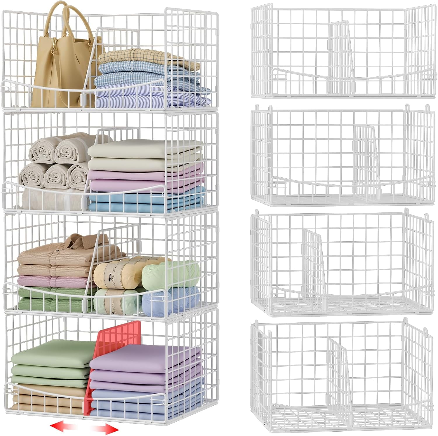 Yociyoga 4-Tier Stackable Closet Organizer - Foldable Storage Shelves & Baskets, Black