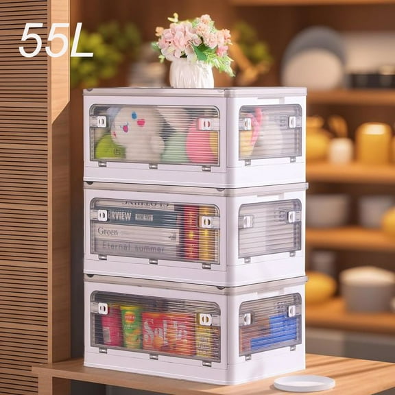 Closet Organizers and Storage - Stackable Storage Bins with Lids and Wheels, 55L Collapsible Plastic Storage Containers, 3 Pack Foldable Box for Dorm Bedroom Organizing, White
