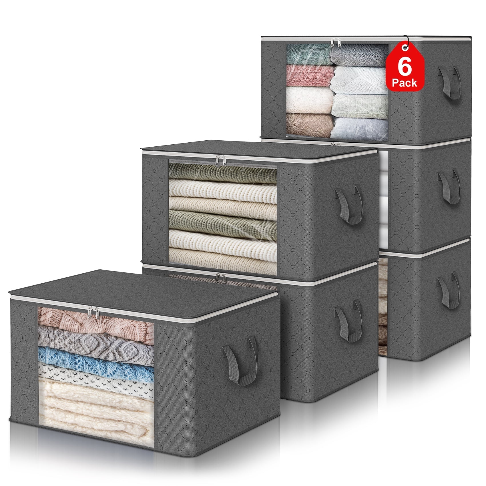 Scidweet 6PCS Closet Organizers and Sturdy Storage Bags with Clear Window 90L Large Capacity Clothing Comforters Room Storage Bags for Clothes, Blankets, Bedroom