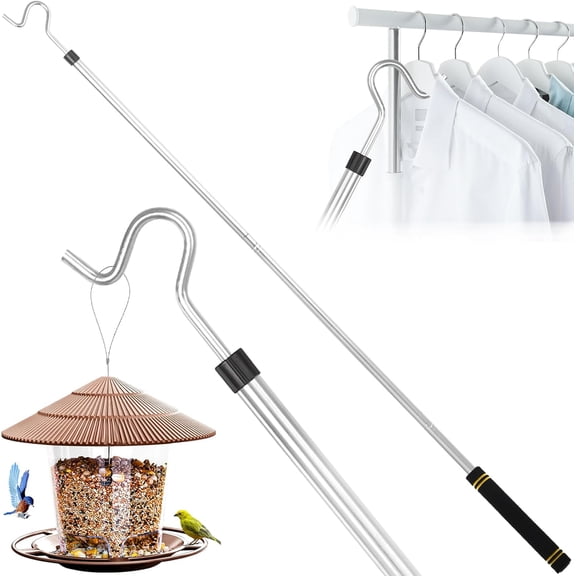 Telescoping Clothes Hook Pole 35"-50", Detachable Closet Reacher Pole with Hook, MultiUse for Hanging Clothes, Bird Feeders & String Lights