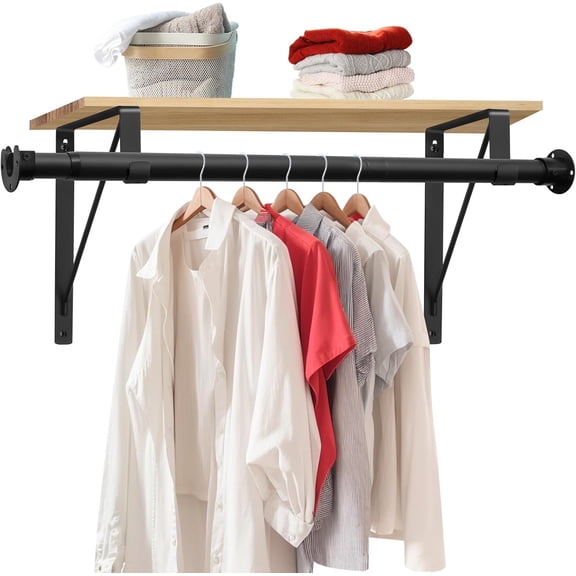 Closet Rod, 17 to 87 Inch Closet Rods 1.3 Inches Heavy Duty Closet Rod Adjustable Closet Rod Closet Rods for Hanging Clothes and Heavy Duty Clost Rod Bracket Closet Rod Support (Black)