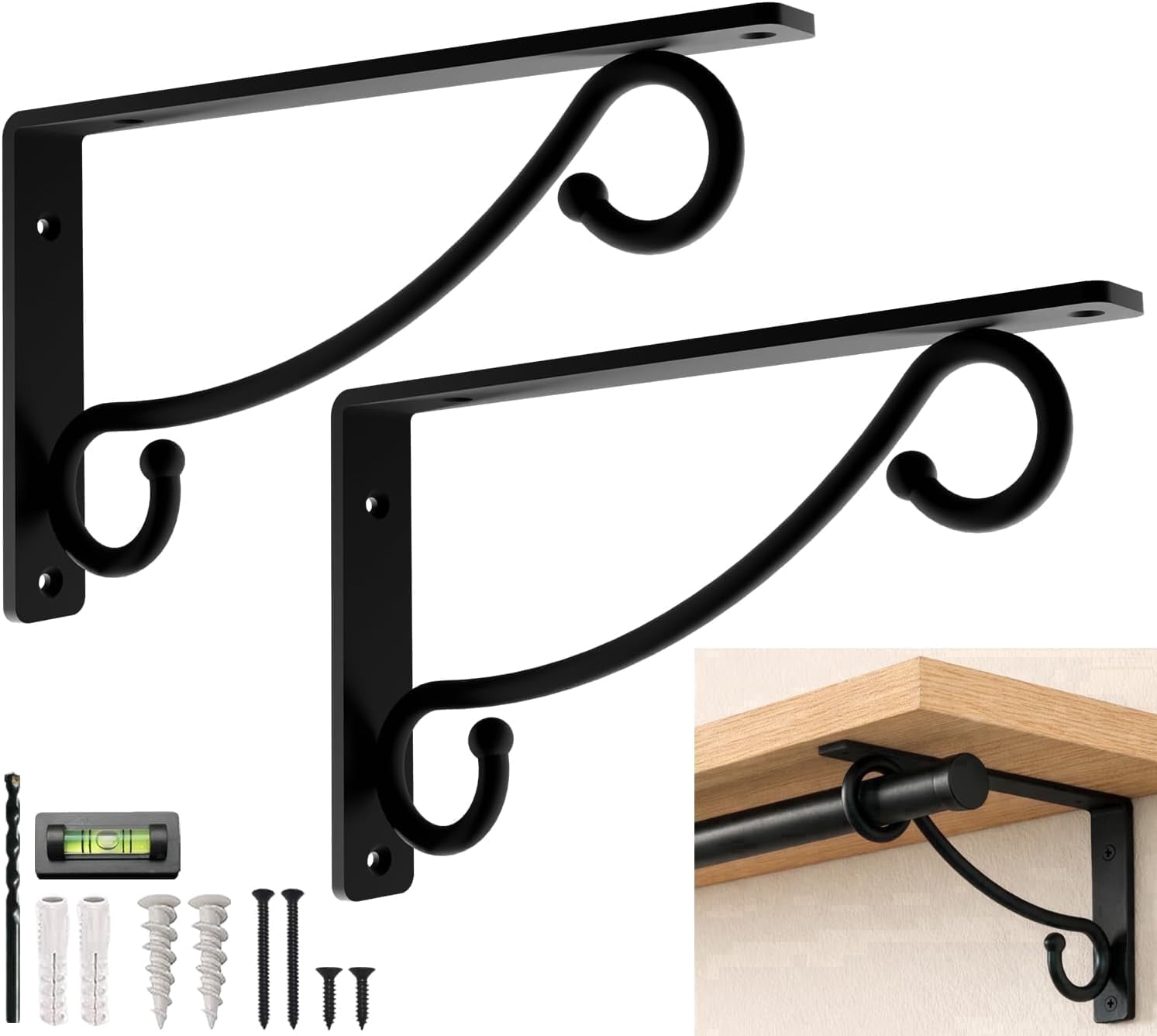 Closet Rod Bracket, Hook Shelf Bracket Heavy Duty Wall Mounted, Black Closet Rod Support Brackets for Curtains, Hanging Hook Kitchen, Shelf Supports (2 Pack) (Black Double, 12 Inch)