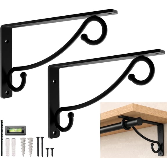 Closet Rod Bracket, Hook Shelf Bracket Heavy Duty Wall Mounted, Black Closet Rod Support Brackets for Curtains, Hanging Hook Kitchen, Shelf Supports (2 Pack) (Black Double, 12 Inch)