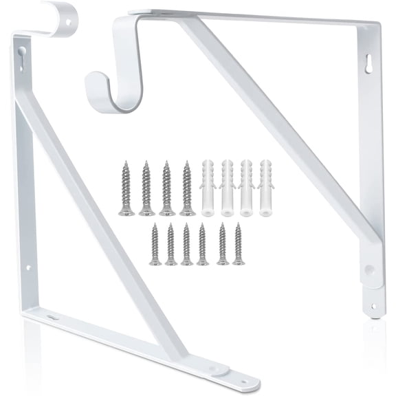 Closet Rod Bracket, Heavy Duty Shelf Bracket with Rod Holder, 10.9X 10.2 inch White Closet Rod Support Wall Mounted Clothes Hanger Pole Support Hooks, 2 Pack