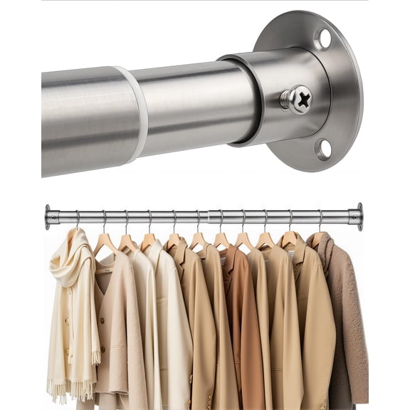 Closet Rods for Hanging Clothes, 17-76 Inch Heavy Duty and Stepless Adjustable Closet Poles, Stainless Steel Closet Hanging Rod for Closet, Wardrobes, Laundry Room, Bathroom, RV (Silver)