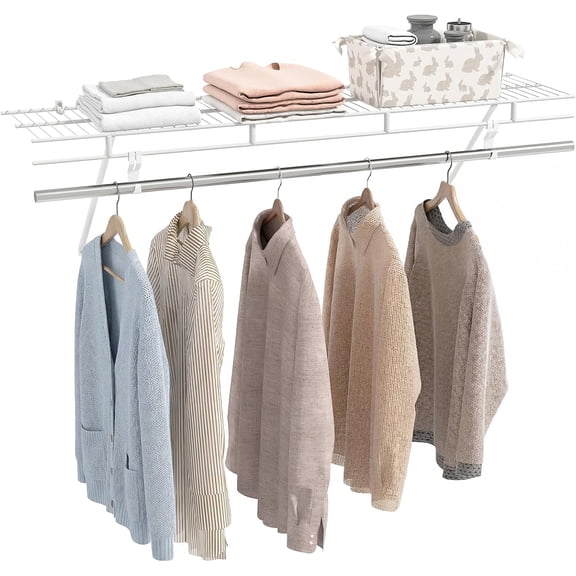 Closet Shelf with Hanging Rod, 4 ft Wall Mounted Wire Shelving Kit with Storage Shelf & Clothes Rod, Ventilated Metal Wall Shelf Organizer for Laundry Room, Closet, Bedroom, White