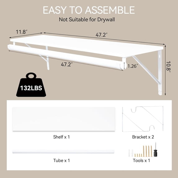 Closet Shelf with Hanging Rod, 47.2in Wall Mounted Clothes Rack with , Walk in Closet System, Heavy Duty Shelf with Hanging Rod for Laundry Room, Closet Storage, Garage, White