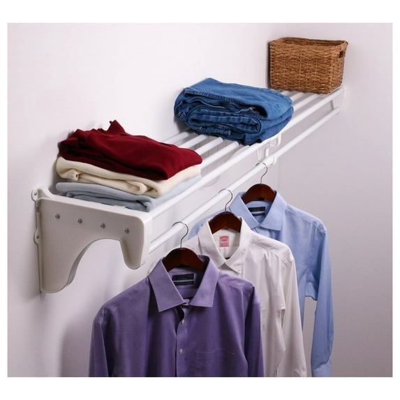 Closet Shelves, Closet Shelf with Hanging Rod, 29" - 49" Closet Organizer, White, Installs to 1 Side Wall and Back Wall, Closet Shelves Wall Mounted, alternative to Wire Closet Shelving