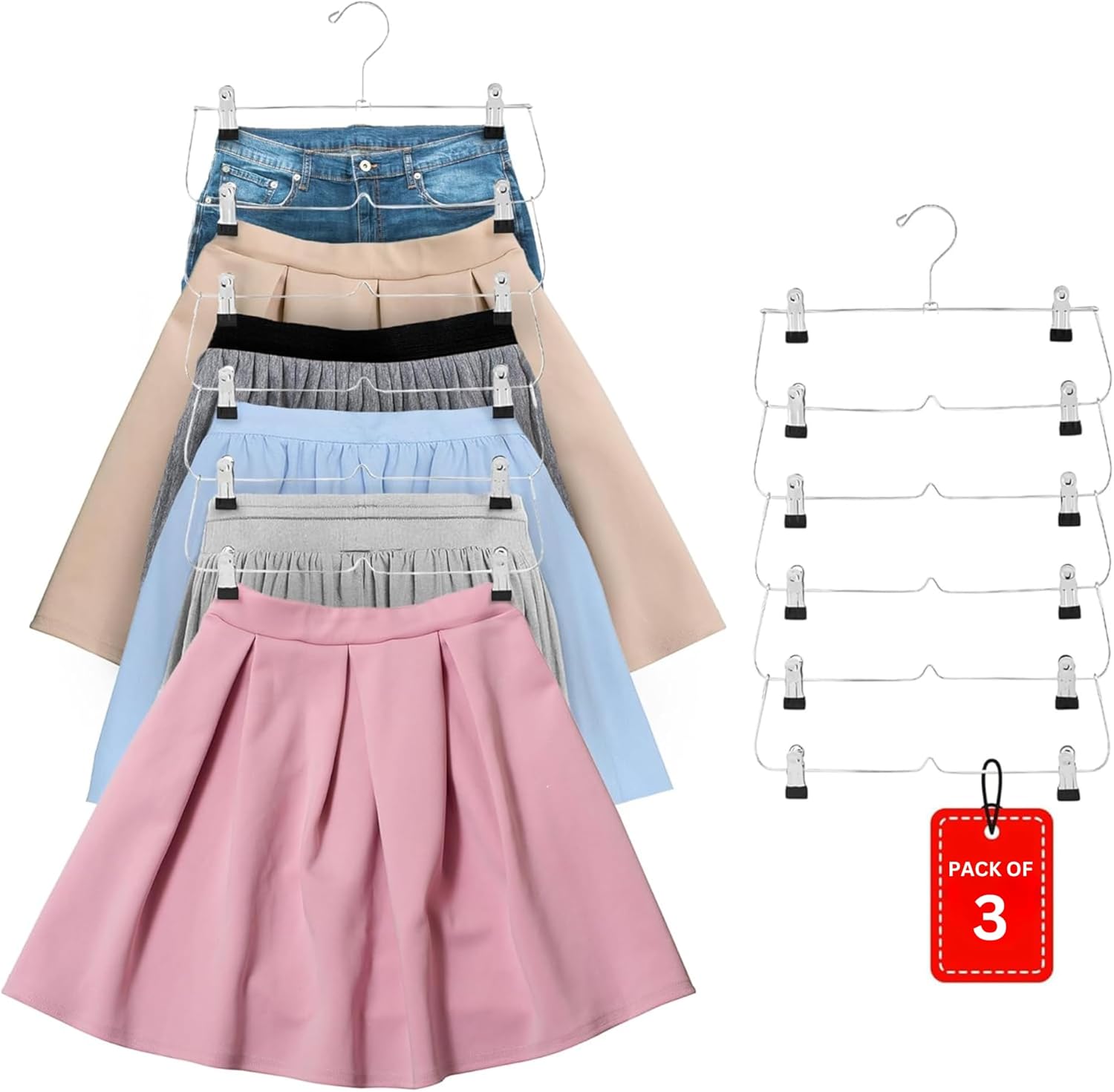 USTECH 3 Pack – 6-Tier Skirt Hangers with Clips, Space-Saving Closet Organizer for Pants, Shorts, Skirts, and Leggings, Durable Metal Hangers with 360° Rotating Hook