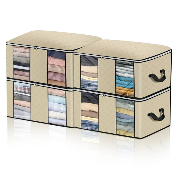 Closet Storage Bags Organizers, Large Clothing Storage Bags with Reinforced Handle, Foldable Clothes Storage Bags Closet Organizers, Blanket Storage Bags for Bedding, Clothes - 4 Pack