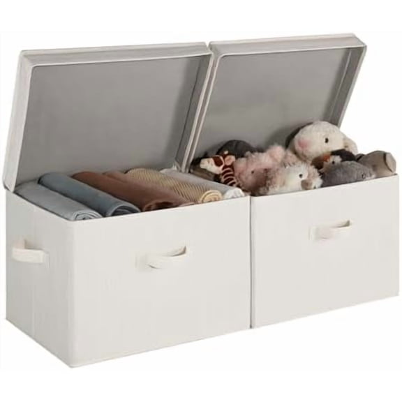 Closet Storage Bin with Lids, Decorative Storage Boxes with Handles, Fabric Storage Bins for Clothes, Jumbo, Mixing of Beige, White & Ivory, 2-Pack