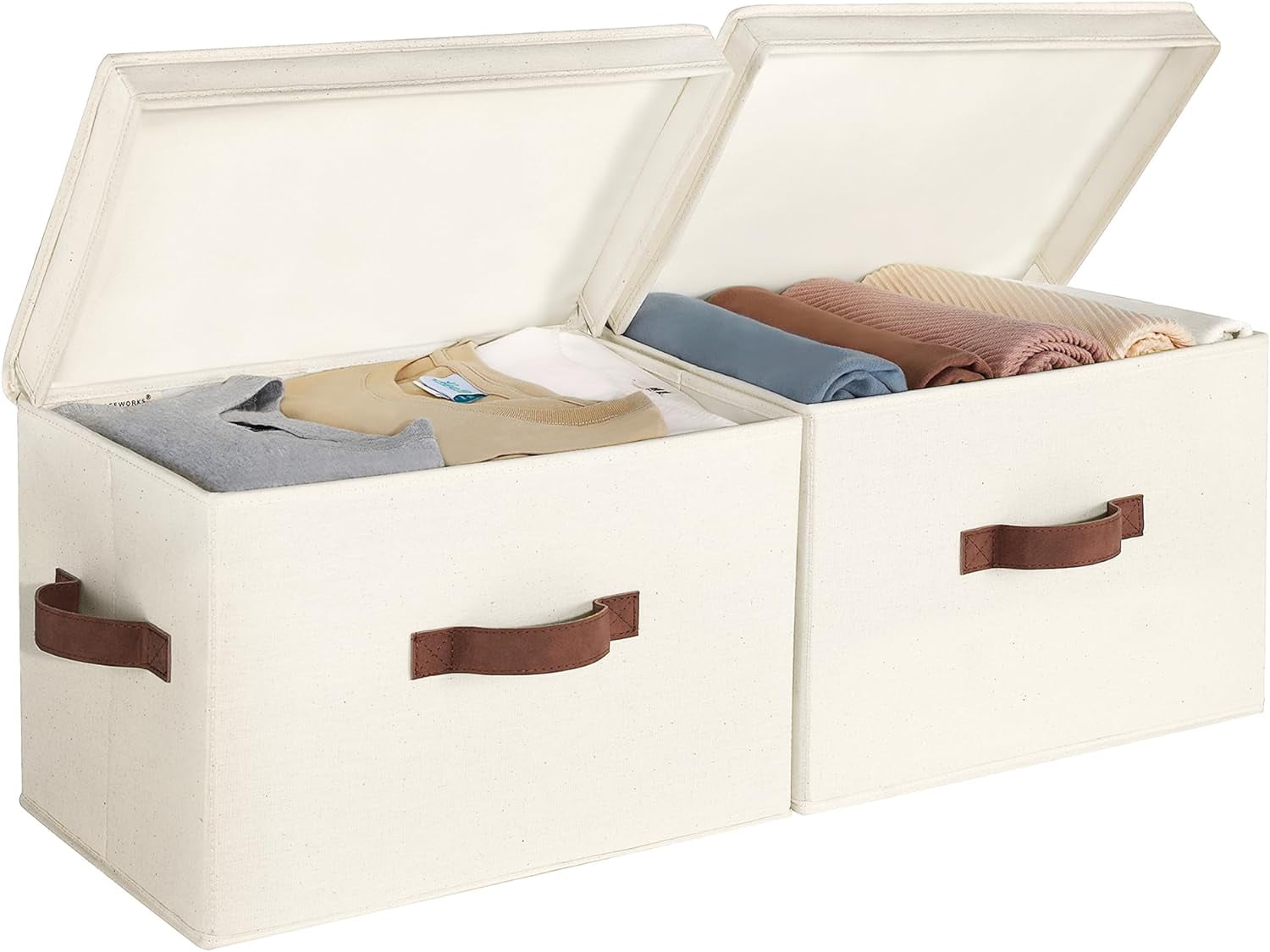 Ivory White Large Fabric Collapsible Storage Bins with Lids, 2-Pack