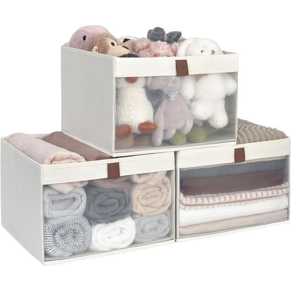 Closet Storage Bins with Clear Window, Beige, 3-Pack | Soft Leather Handle, Flip to Show/Hide, Breathable Fabric, Holds Towels, Blankets, Toys, Foldable Storage Bins for Closet