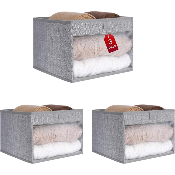 Closet Storage Bins, Medium Boxes with Clear Window, Fabric Baskets for Organizing Clothes, Sheets, Blankets, Decorative Herringbone Gray