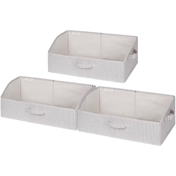 Closet Storage Bins, Trapezoid Organizer Box for Shelves, Fabric Clothes Bin, Foldable Organizing Baskets with Handles, Large, Khaki and Beige Stripes, 3-Pack