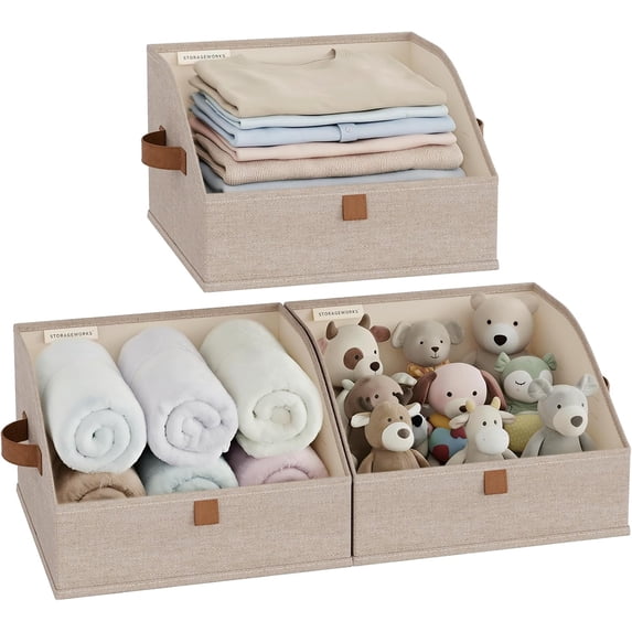 Closet Storage Bins, Trapezoid Organizer Box for Shelves, Fabric Clothes Bin, Foldable Organizing Baskets with Handles, Small, Brown and Beige, 3-Pack
