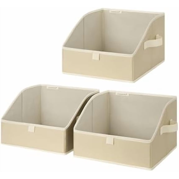 Closet Storage Bins, Trapezoid Organizer Box for Shelves, Fabric Clothes Bin, Foldable Organizing Baskets with Handles, Small, Light Brown, 3-Pack