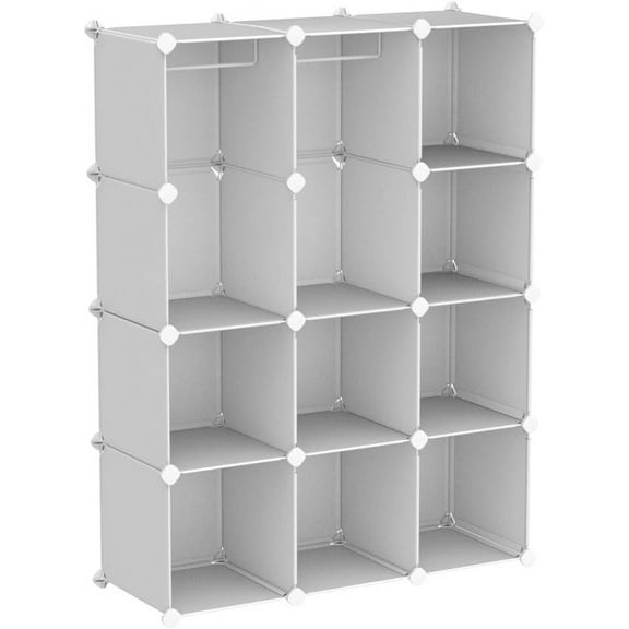 Closet Storage Cabinet, Portable Wardrobe with Hanging Rod and 12 Cubes, Space-Saving Organizer for Clothes, Items & Toys, White