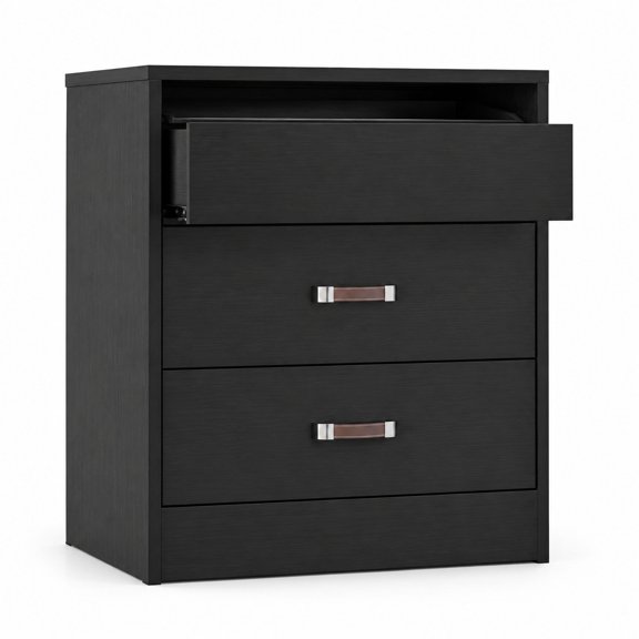 Closet Storage Drawers with Modular Stackable Design, 20.5" W x 15.7" D x 25.6" H, Black Wood, with Half-Open Drawer and Leather Handles