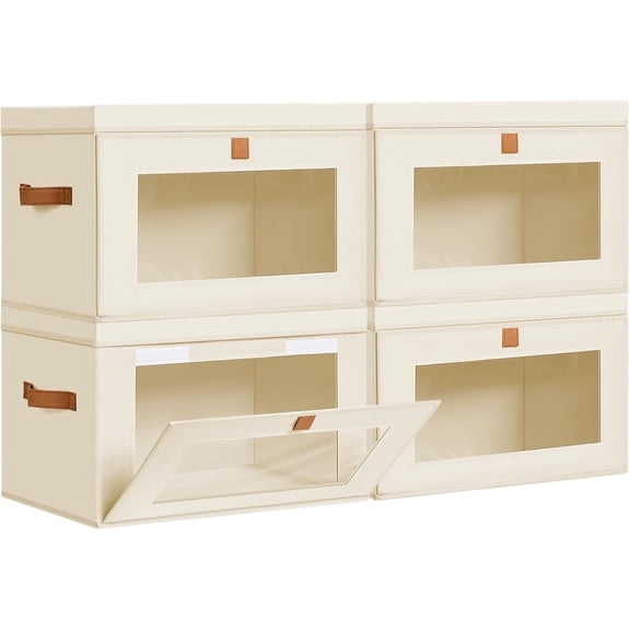 Closet Storage Organizer, 4 Pack Clothes Storage Bins with Handles & Window, Collapsible Fabric Containers, Beige