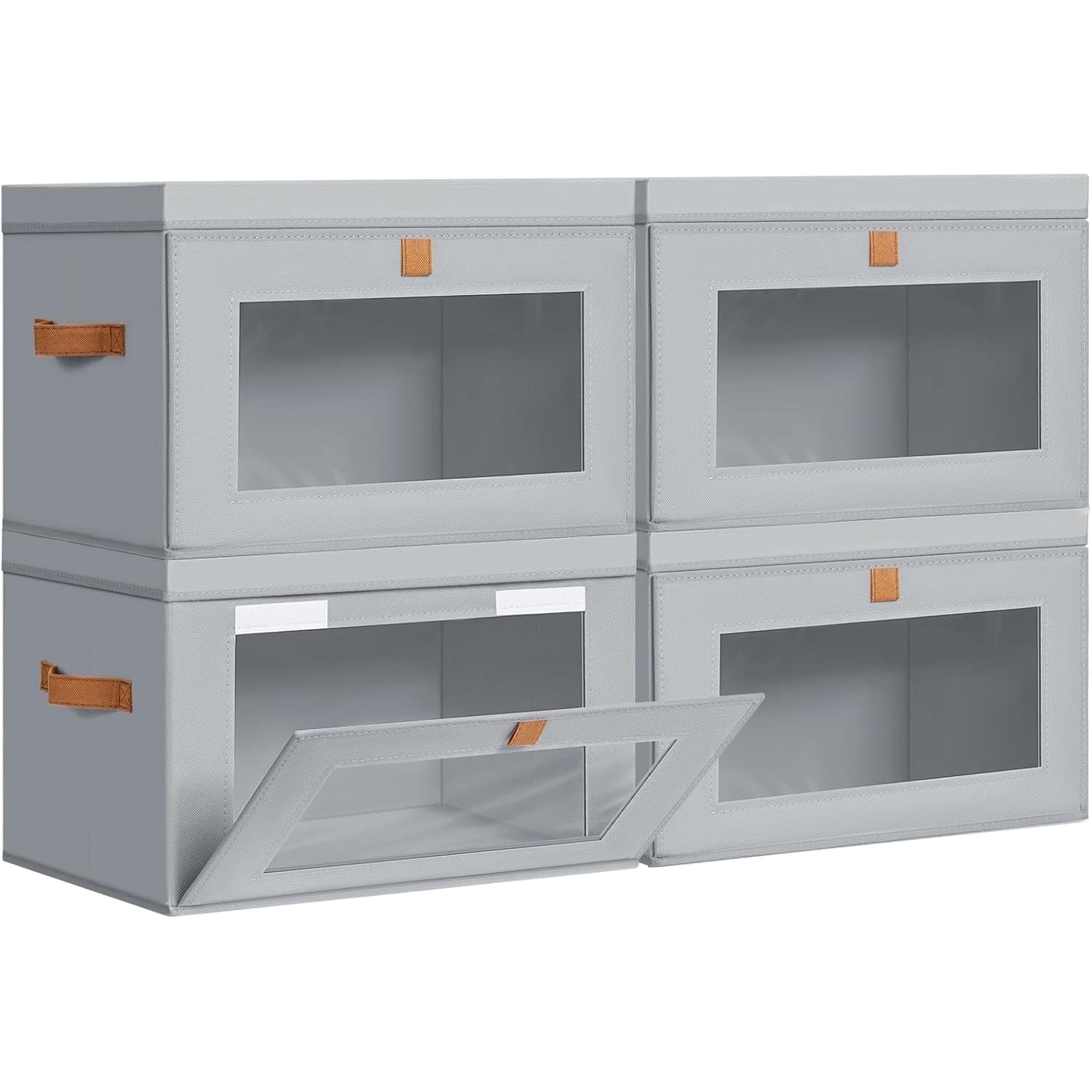 Closet Storage Organizer, 4 Pack Clothes Storage Bins with Handles & Window, Collapsible Fabric Containers, Gray