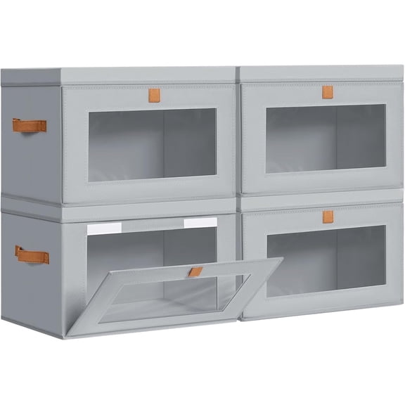Closet Storage Organizer, 4 Pack Clothes Storage Bins with Handles & Window, Collapsible Fabric Containers, Gray