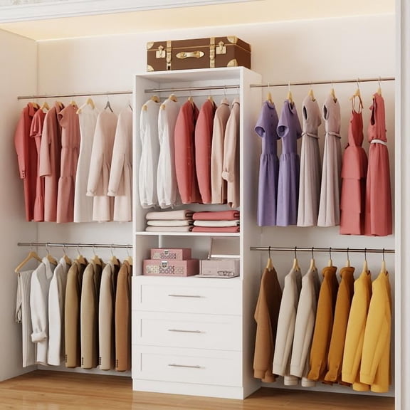 Closet System with 3 Drawers, 48.5 Ft Closet Organizer System with 5 Adjustable Hanging Rods & Shelves, Wood Walk-In Closet System, Built-In Modular Closet Kit, Sturdy Garment Rack, White