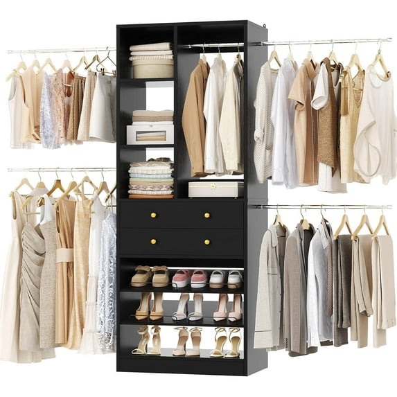 Closet System, 4.2–8.8 FT Closet Organizer with 2 Wooden Drawers and Shelves, Walk-in Closet System with 5 Hang Rods, Built-in Closet Tower, Can Fit 60 to 96 inch, Black