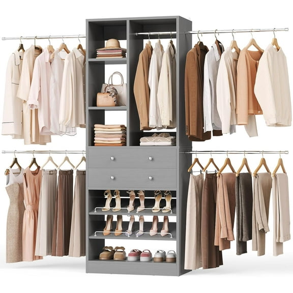 Closet System, 4.2–8.8 FT Closet Organizer with 2 Wooden Drawers and Shelves, Walk-in Closet System with 5 Hang Rods, Built-in Reach in Closet Tower, Can Fit 60 to 96 inch, Morandi Grey