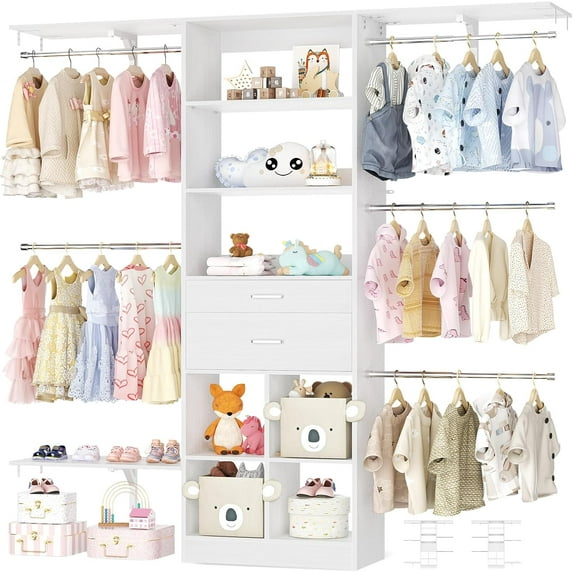 Closet System - 4.75-8FT Closet Organizer System with Wooden Drawers & Cube Storage Organizer, Up To 96" Closet Systems for Nursery & Walk-In Closets with Cuttable Hanging Shelving, White