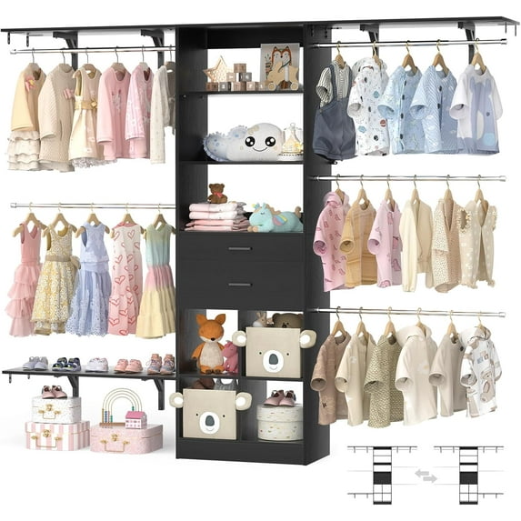 Closet System - 4.75-8FT Closet Organizer System with Wooden Drawers & Cube Storage Organizer, Up To 96" Closet Systems for Nursery & Walk-In Closets with Cuttable Hanging Shelving, White