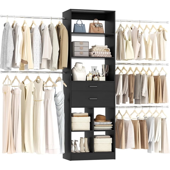 Besiost Closet System, 4-8 FT Closet Organizer Systems with 2 Wooden Drawers and 5 Hanging Rods, Can Fit 60 to 96 inch Walk-in Closet System, Black