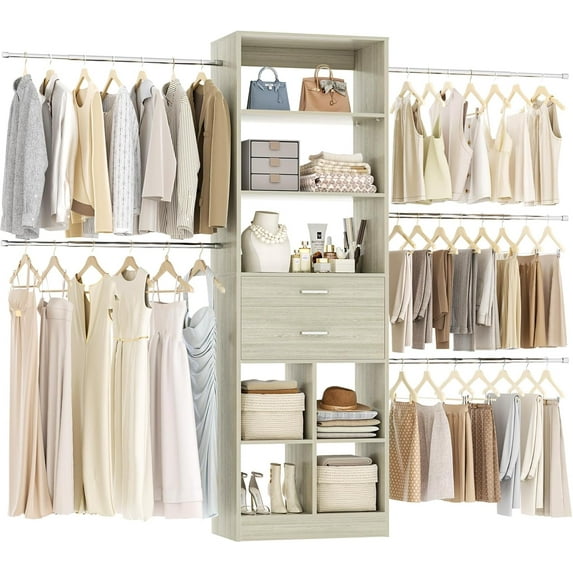 Besiost Closet System, 4-8 FT Closet Organizer Systems with 2 Wooden Drawers and 5 Hanging Rods, Can Fit 60 to 96 inch Walk-in Closet System, Greige Oak