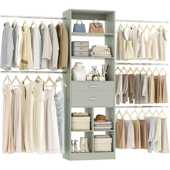 Besiost Closet System, 4-8 FT Closet Organizer Tower with 2 Wooden Drawers and 5 Hanging Rods, Can Fit 60 to 96 inch Walk-in Closet System, Crab Green
