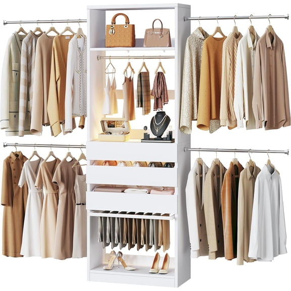 Closet System, 4-8FT Closet Organizer with 3 Wood Drawers & Glass Top, 102'' Walk in Closet with 5 Hang Rods & LED Lights & Trouser Rack, Built-in Wardrobe Clothes Rack with Shelves and Tower, White