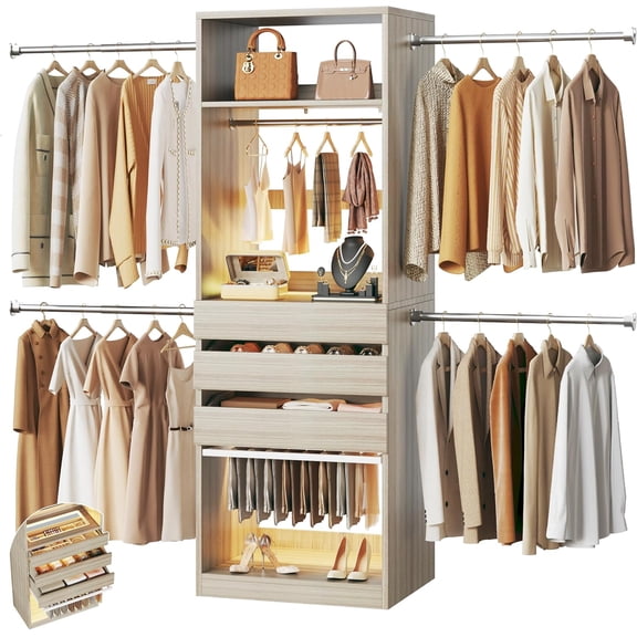 Closet System, 4-8FT Closet Organizer with 3 Wood Drawers & Glass Top, 102'' Walk in Closet with 5 Hang Rods & LED Lights & Trouser Rack, Built-in Wardrobe Clothes Rack with Shelves & Tower,White Oak