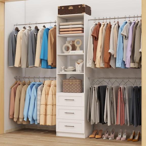 Closet System, 5FT-8FT Closet Organizer System 99" Walk in Closet Storage System with 3 Wooden Drawers 4 Expandable Hanging Rods, Wall Mount White