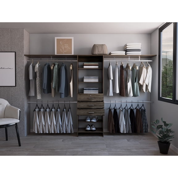 Closet System 69"W - 118"W, Four Hanging Rods, Three Drawers, Five Shelves, Dark Walnut