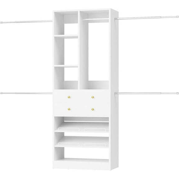 Closet System, Up to 8.8FT Closet Organizer with 2 Wooden Drawers and Shelves, Walk-in Closet System with Hang Rods, Built-in Reach in Closet Tower, Can Fit 60 to 96 inch, White
