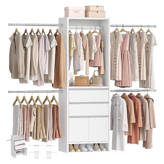 Closet System, Closet Organizer System with 4 Hang Rods, Walk-in Wooden Storage Systems with 2 Drawers & Shoe Cabinet, Fits Spaces 4-9.8FT, Wardrobe Clothes Rack Garment Rack, White MC00103E